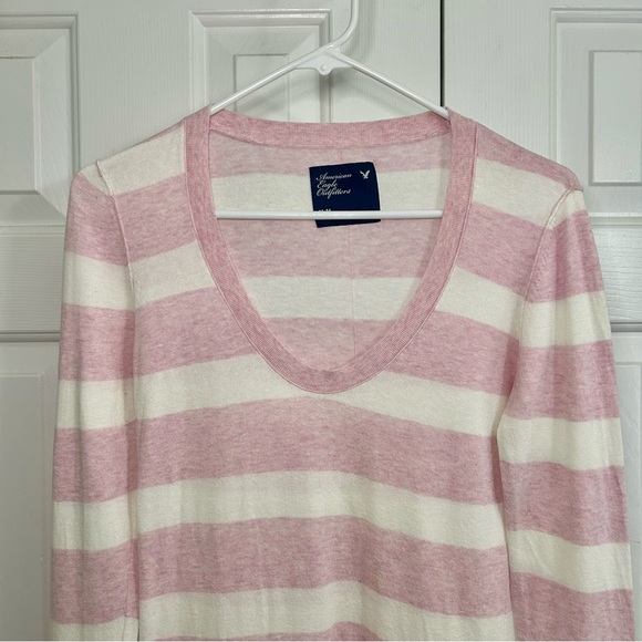 American Eagle Outfitters Y2K Pink & White Stripe V-Neck Long Sleeve Top Medium - Picture 2 of 14